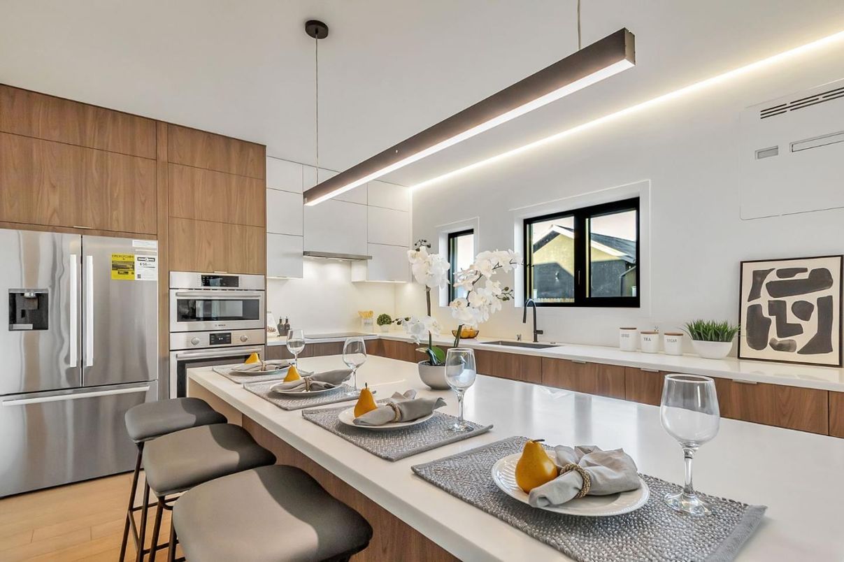 Interior, Kitchen, Pendant Lights, Stainless Steel Appliances, Wood Texture Flooring