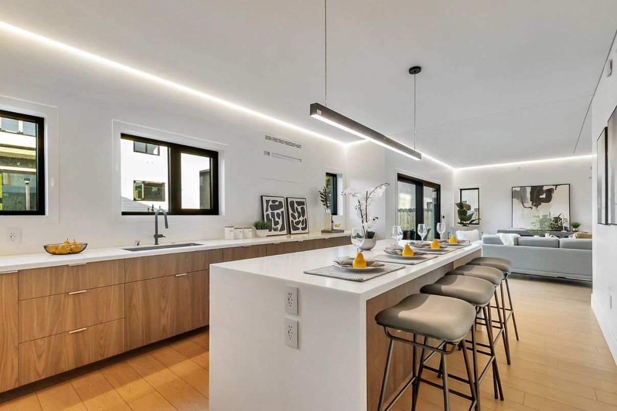 Interior, Kitchen, Living room, Pendant Lights, Wood Texture Flooring