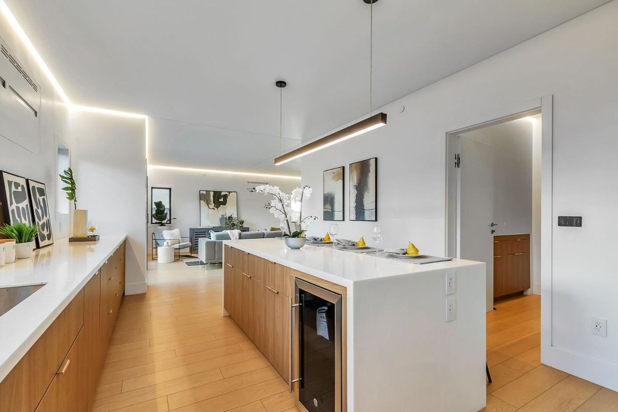 Interior, Kitchen, Pendant Lights, Wood Texture Flooring