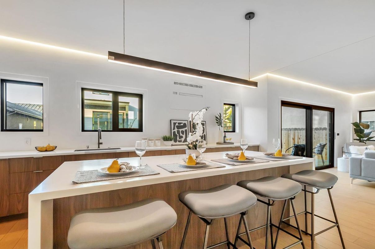 Interior, Kitchen, Pendant Lights, Wood Texture Flooring
