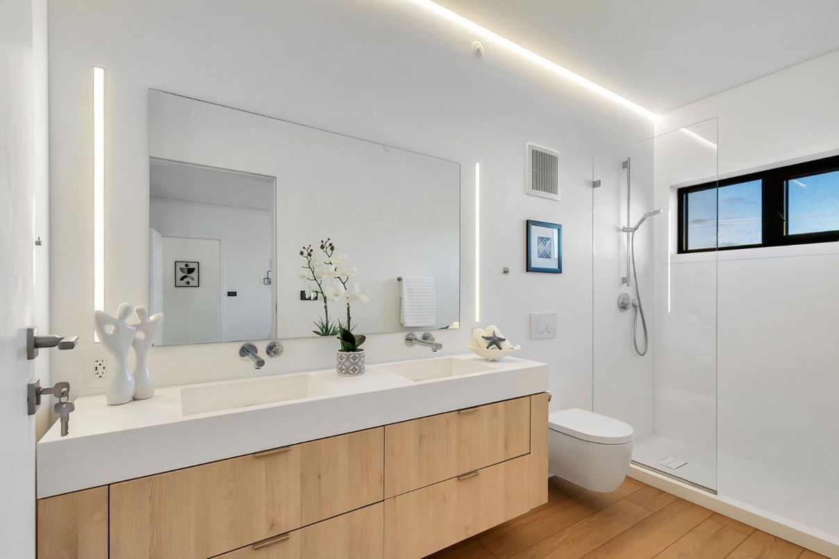 Bathroom, Dual Sink Vanities, Glass Shower, Interior, Wood Texture Flooring