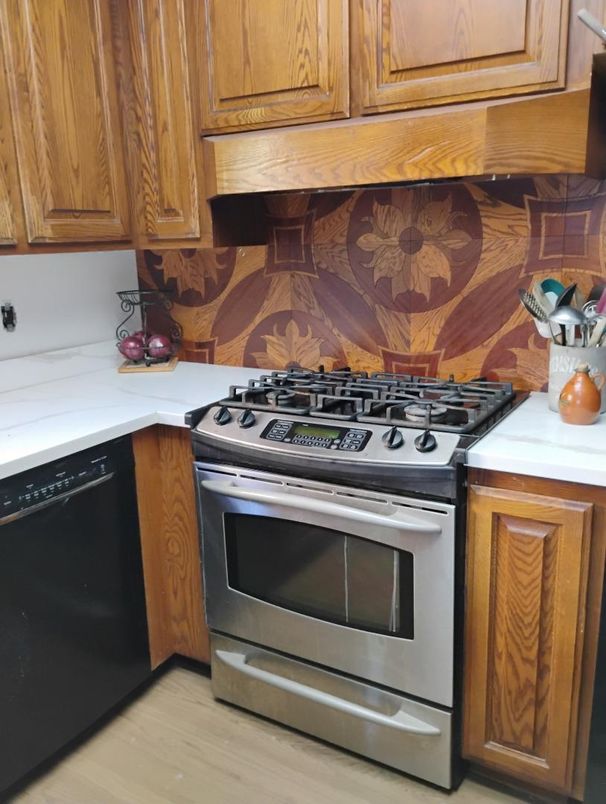 Interior, Kitchen, Tile Countertops, Wood Texture Flooring