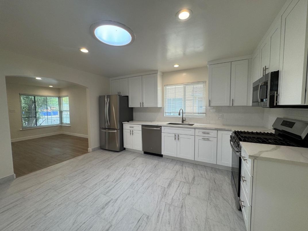 Interior, Kitchen, Marble, Recessed Lighting, Wood Texture Flooring