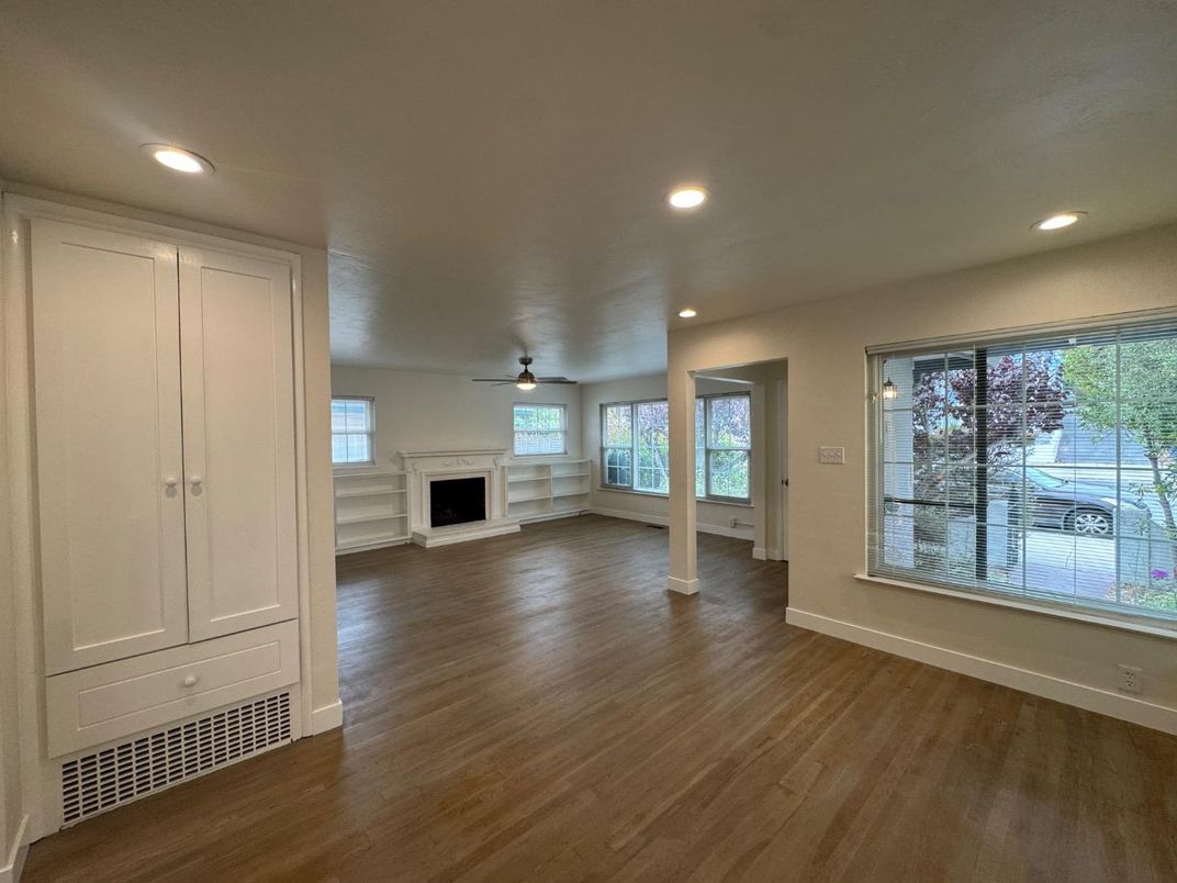 Empty room, Fireplace, Interior, Recessed Lighting, Wood Texture Flooring