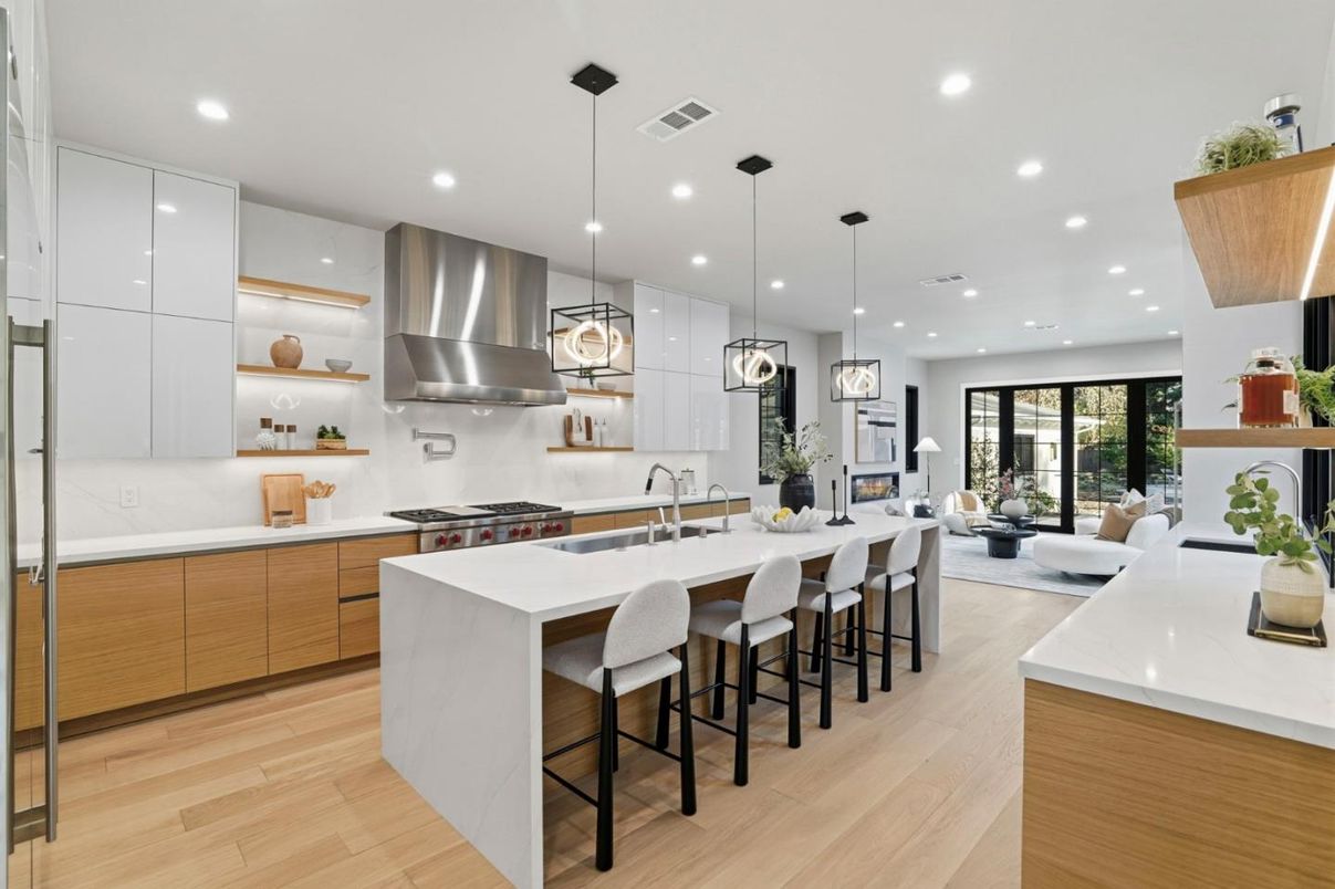 Interior, Kitchen, Living room, Pendant Lights, Recessed Lighting, Stainless Steel Appliances, Wood Texture Flooring