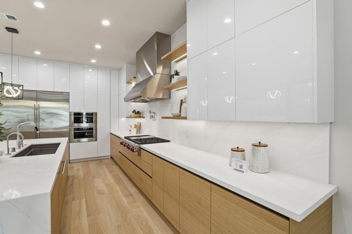 Interior, Kitchen, Pendant Lights, Recessed Lighting, Stainless Steel Appliances, Wood Texture Flooring