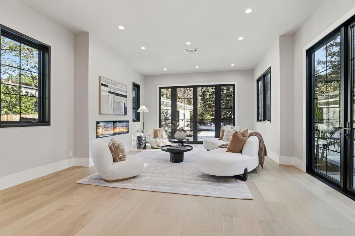 Fireplace, Interior, Living room, Recessed Lighting, Wood Texture Flooring