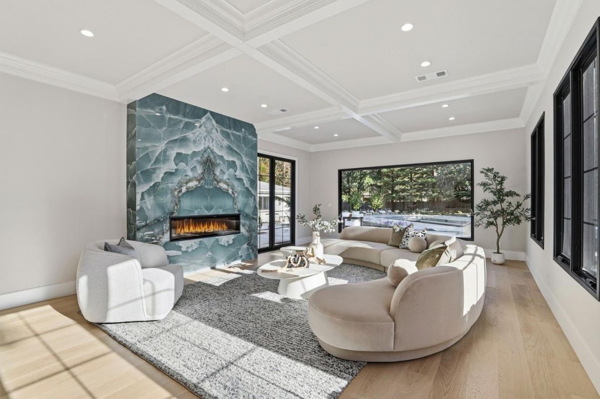 Fireplace, Interior, Living room, Recessed Lighting, Wood Texture Flooring