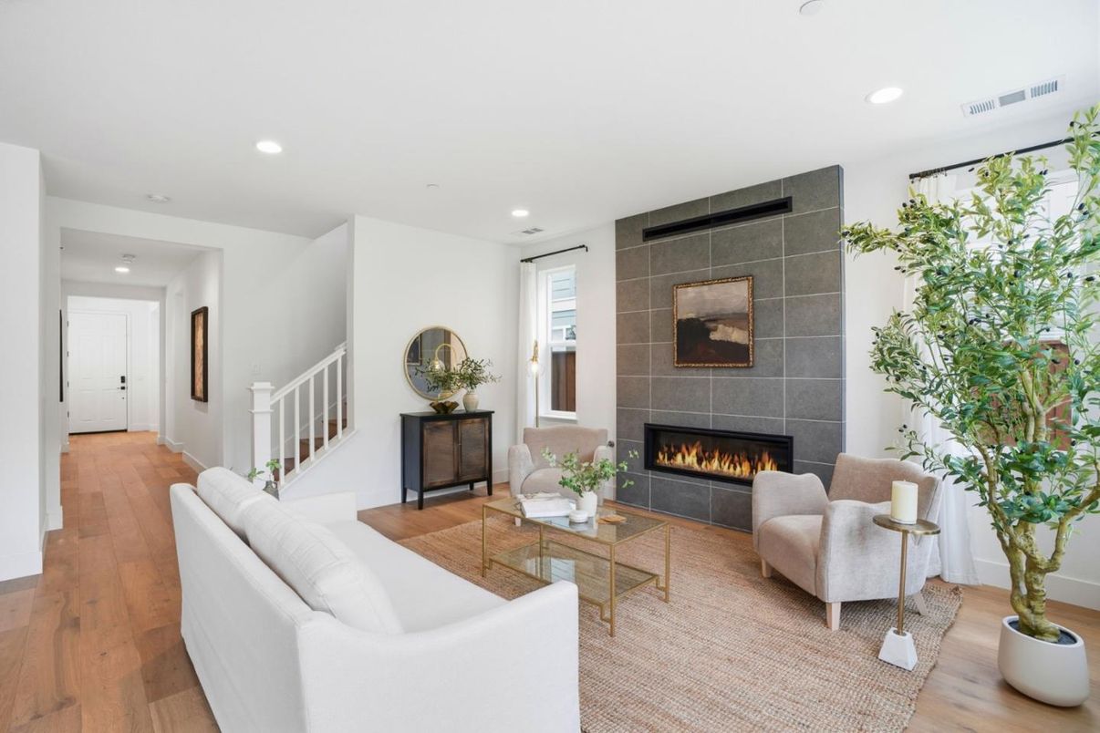 Fireplace, Interior, Living room, Recessed Lighting, Wood Texture Flooring