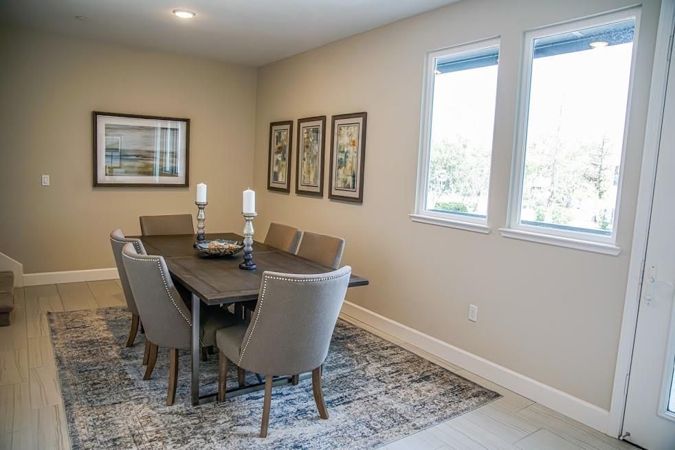 Dining room, Interior, Recessed Lighting, Wood Texture Flooring