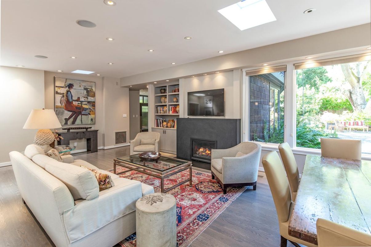 Dining room, Fireplace, Interior, Living room, Recessed Lighting, Wood Texture Flooring