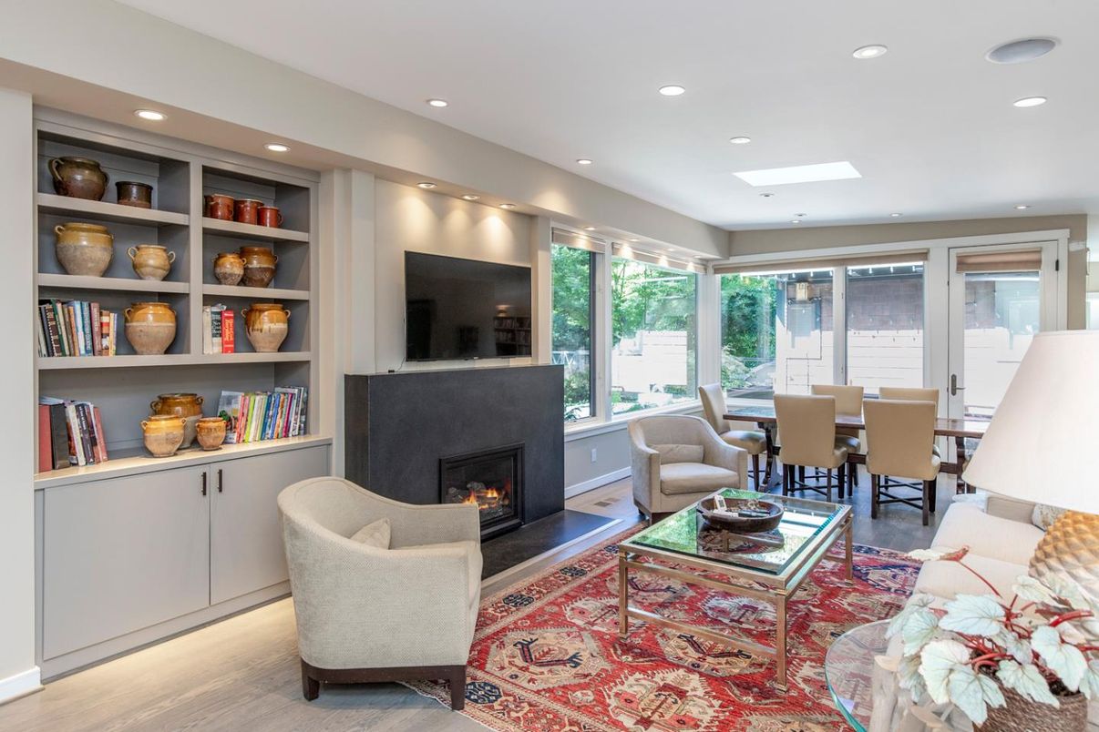 Dining room, Fireplace, Interior, Living room, Recessed Lighting, Wood Texture Flooring