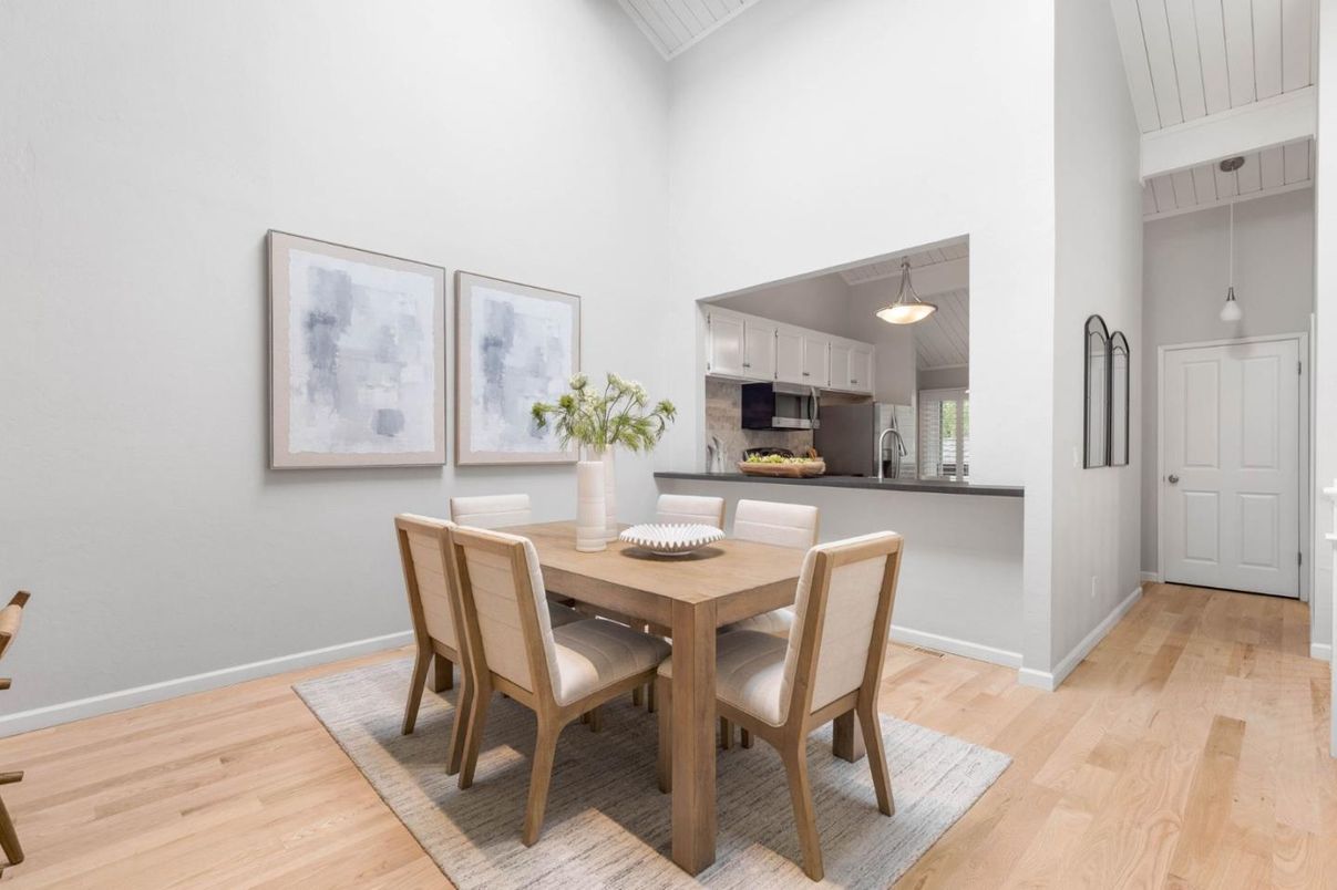 Dining room, Interior, Pendant Lights, Wood Texture Flooring