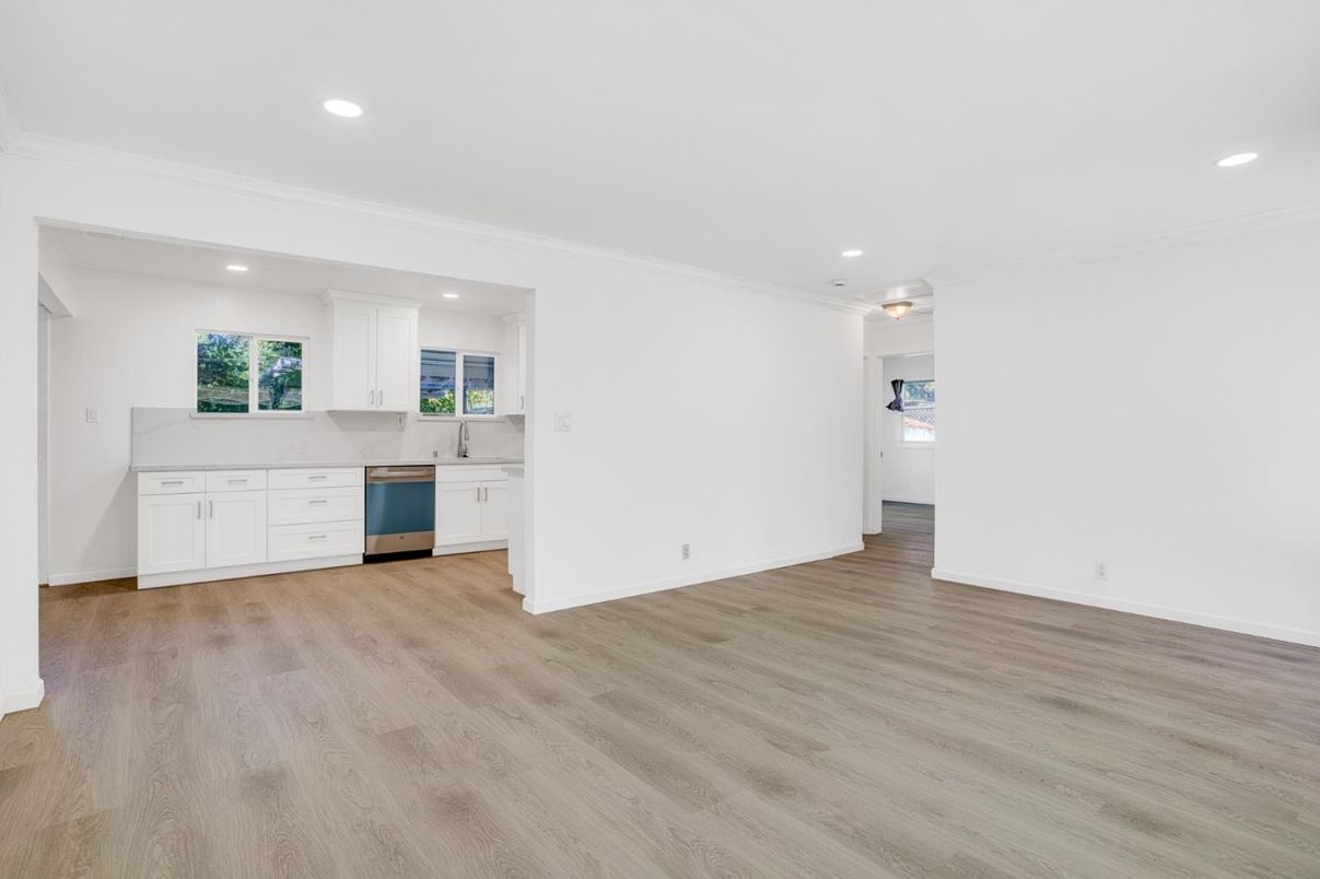 Empty room, Interior, Kitchen, Recessed Lighting, Wood Texture Flooring