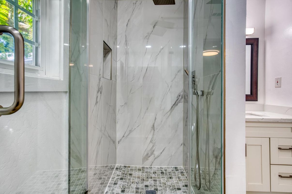 Bathroom, Glass Shower, Interior, Marble Walls