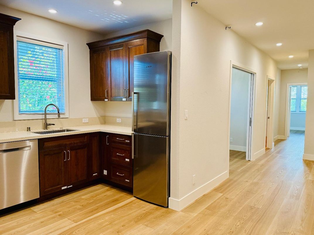 Interior, Kitchen, Recessed Lighting, Stainless Steel Appliances, Wood Texture Flooring