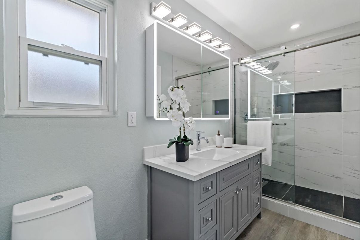 Bathroom, Glass Shower, Interior, Marble Walls, Recessed Lighting, Wood Texture Flooring