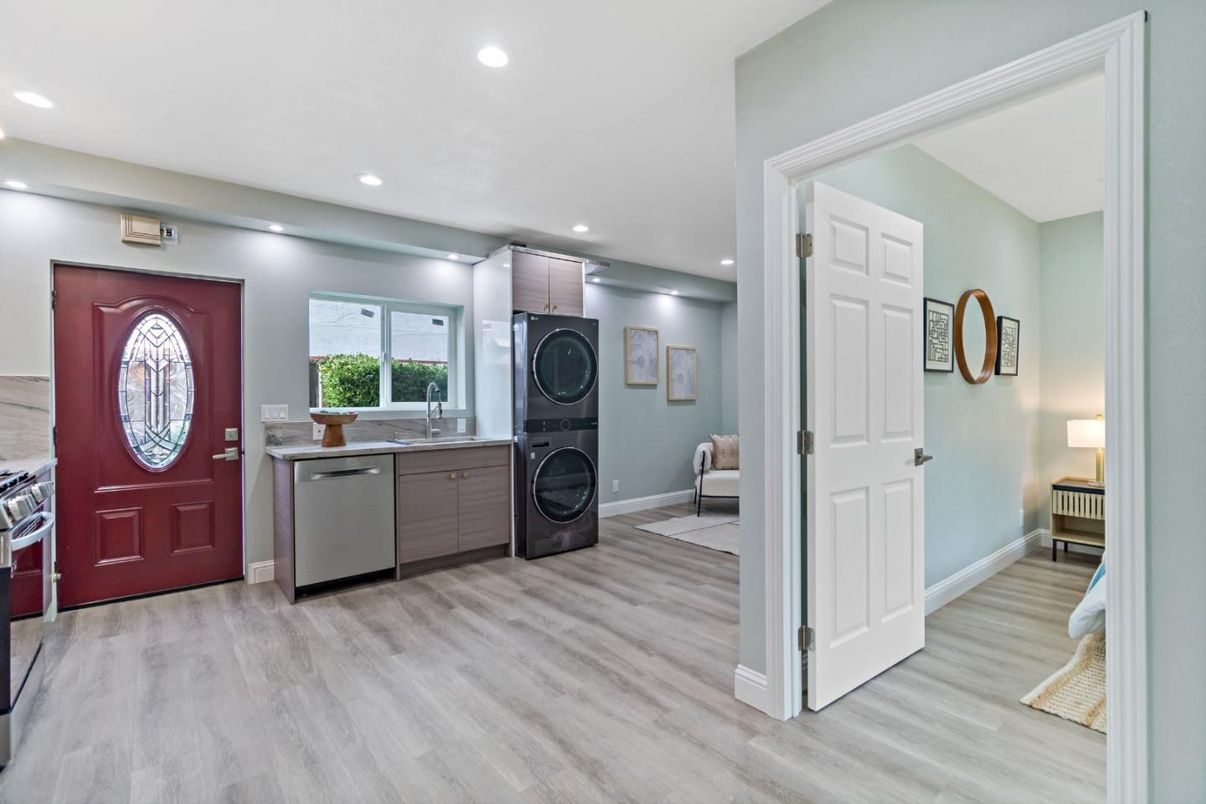 Interior, Kitchen, Recessed Lighting, Stainless Steel Appliances, Washer, Wood Texture Flooring