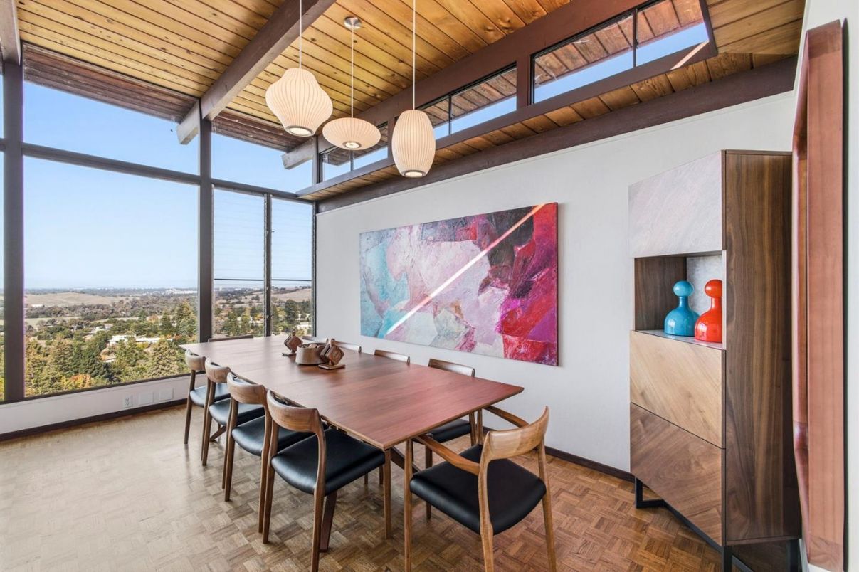 Dining room, Interior, Pendant Lights, Wooden Ceilings, Wood Texture Flooring