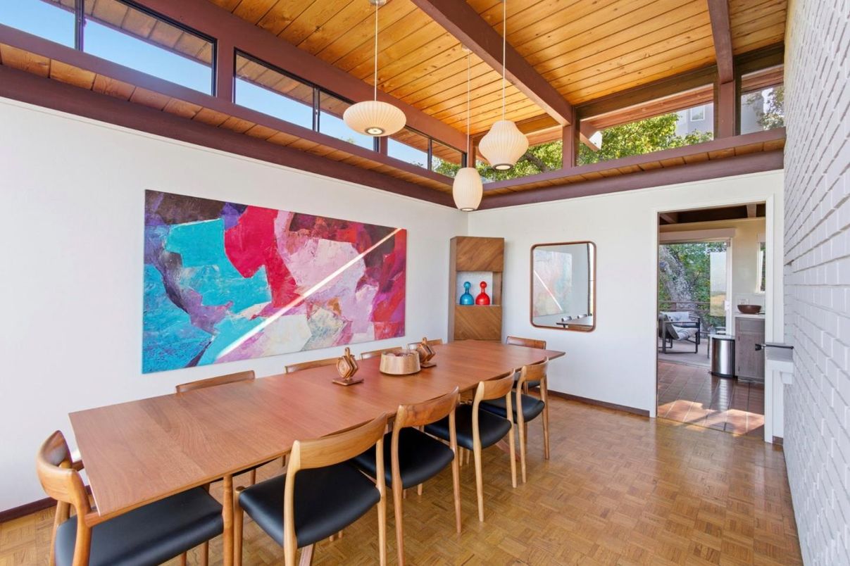 Dining room, Interior, Pendant Lights, Wooden Beams, Wooden Ceilings, Wood Texture Flooring