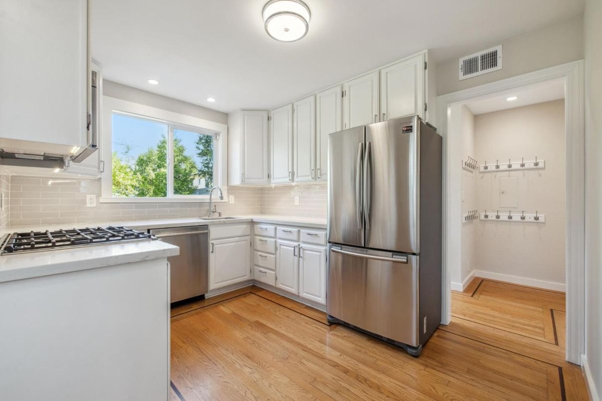 Interior, Kitchen, Recessed Lighting, Stainless Steel Appliances, Wood Texture Flooring