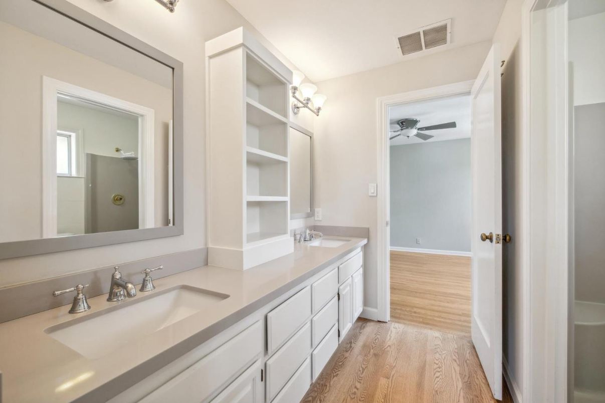Bathroom, Dual Sink Vanities, Interior, Walk-in Closets, Wood Texture Flooring
