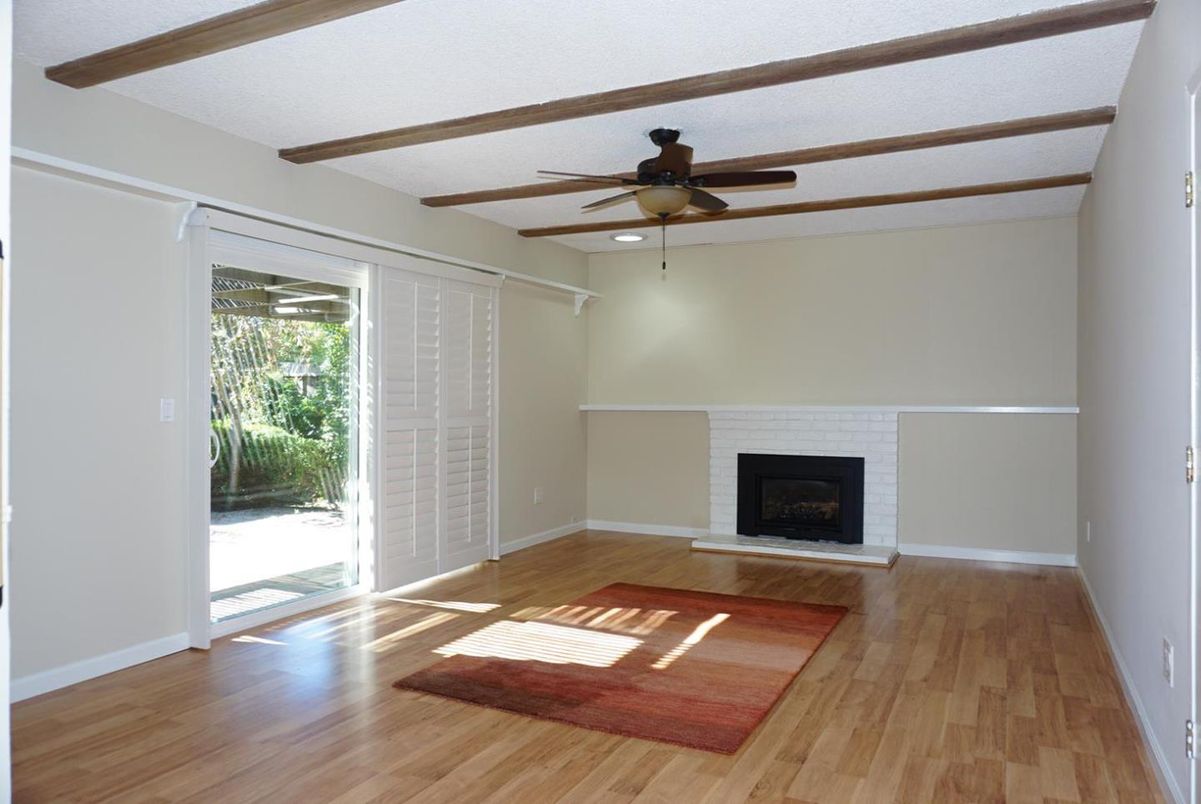 Empty room, Fireplace, Interior, Wooden Beams, Wood Texture Flooring