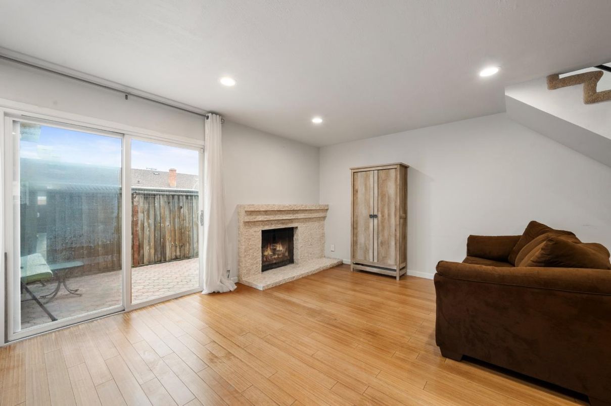 Empty room, Fireplace, Interior, Recessed Lighting, Wood Texture Flooring