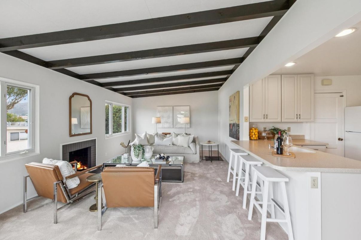 Fireplace, Interior, Living room, Recessed Lighting, Wooden Beams