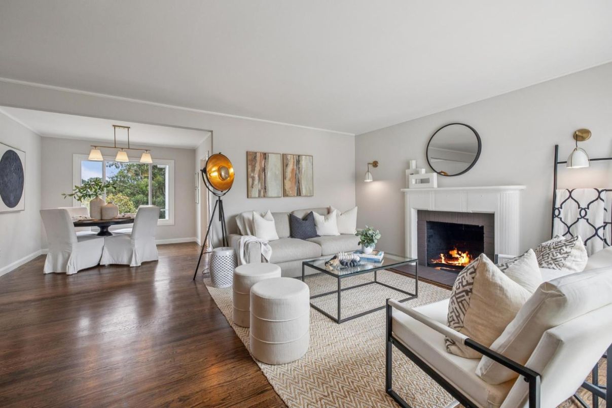 Dining room, Fireplace, Interior, Living room, Pendant Lights, Wood Texture Flooring