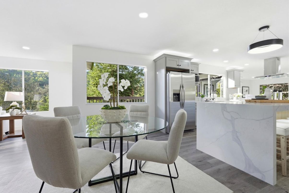 Dining room, Interior, Kitchen, Recessed Lighting, Stainless Steel Appliances, Wood Texture Flooring