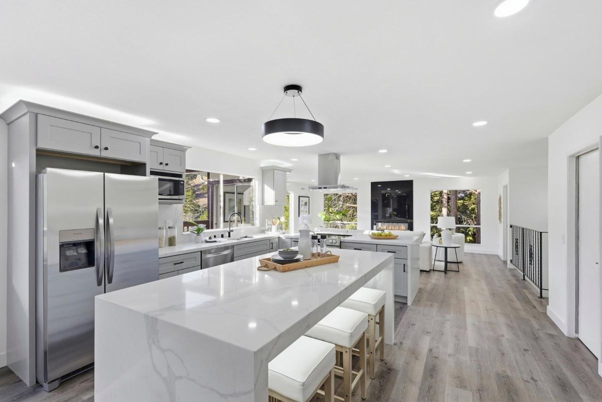 Interior, Kitchen, Pendant Lights, Recessed Lighting, Stainless Steel Appliances, Wood Texture Flooring