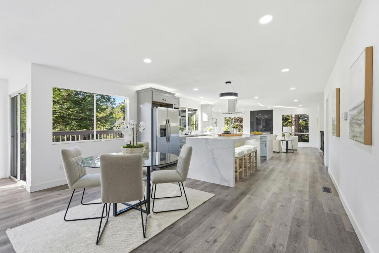 Dining room, Interior, Kitchen, Pendant Lights, Recessed Lighting, Stainless Steel Appliances, Wood Texture Flooring