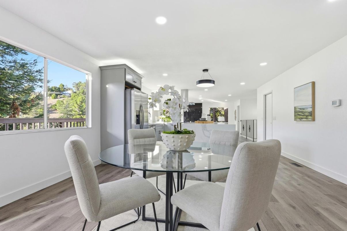Dining room, Interior, Recessed Lighting, Wood Texture Flooring