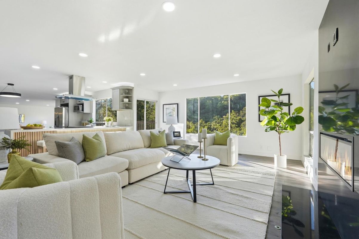 Fireplace, Interior, Kitchen, Living room, Recessed Lighting, Wood Texture Flooring