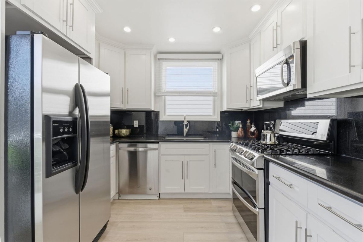 Interior, Kitchen, Recessed Lighting, Stainless Steel Appliances, Wood Texture Flooring