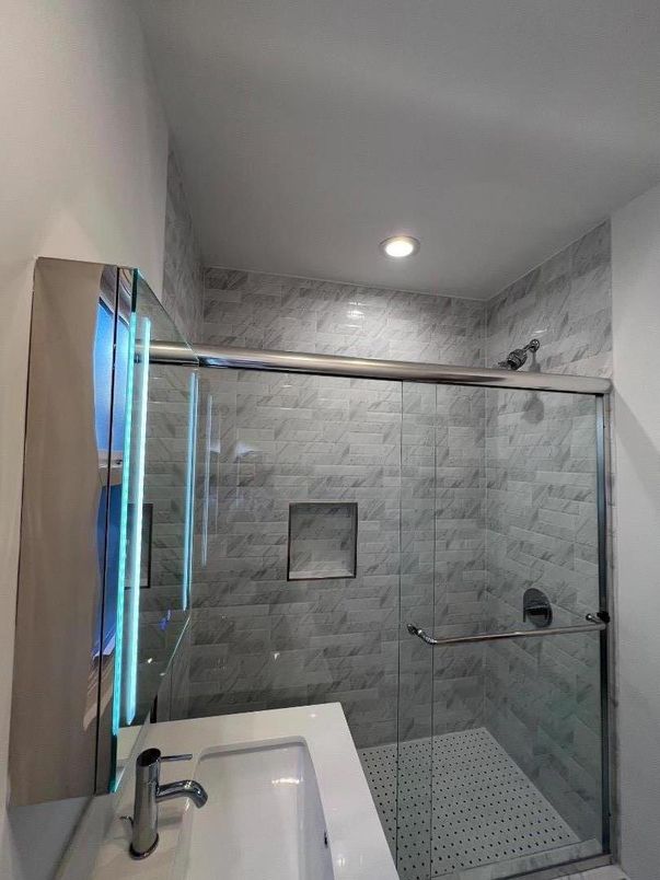 Bathroom, Glass Shower, Interior, Marble Walls, Recessed Lighting