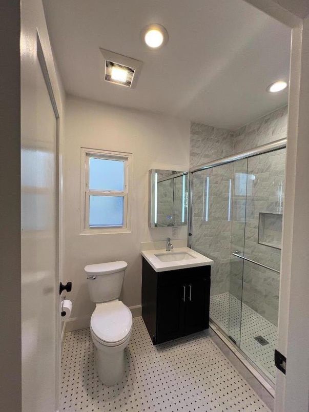 Bathroom, Glass Shower, Interior, Marble Walls, Recessed Lighting