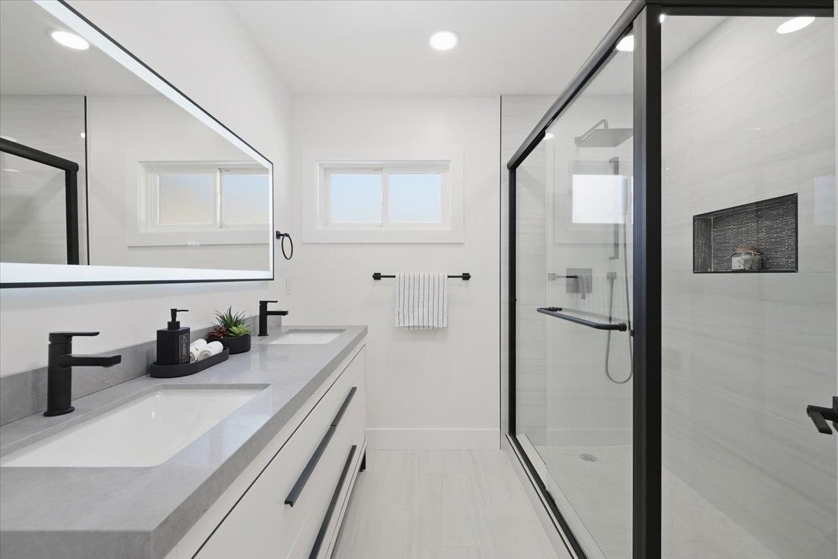 Bathroom, Dual Sink Vanities, Glass Shower, Interior, Recessed Lighting