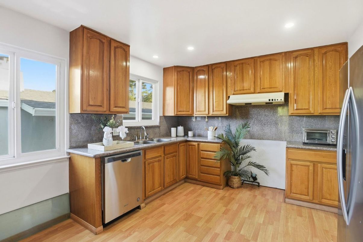 Interior, Kitchen, Recessed Lighting, Stainless Steel Appliances, Wood Texture Flooring