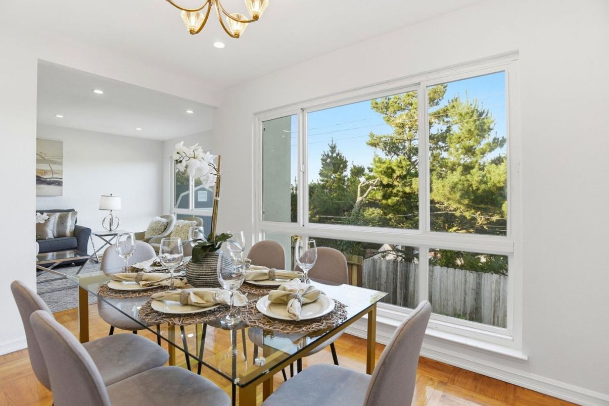 Dining room, Interior, Recessed Lighting, Wood Texture Flooring