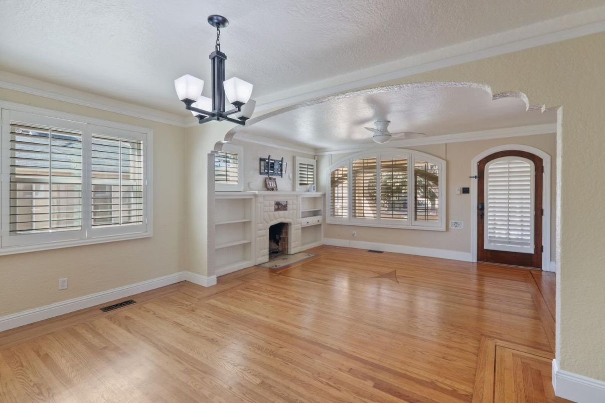 Chandelier, Empty room, Fireplace, Interior, Wood Texture Flooring