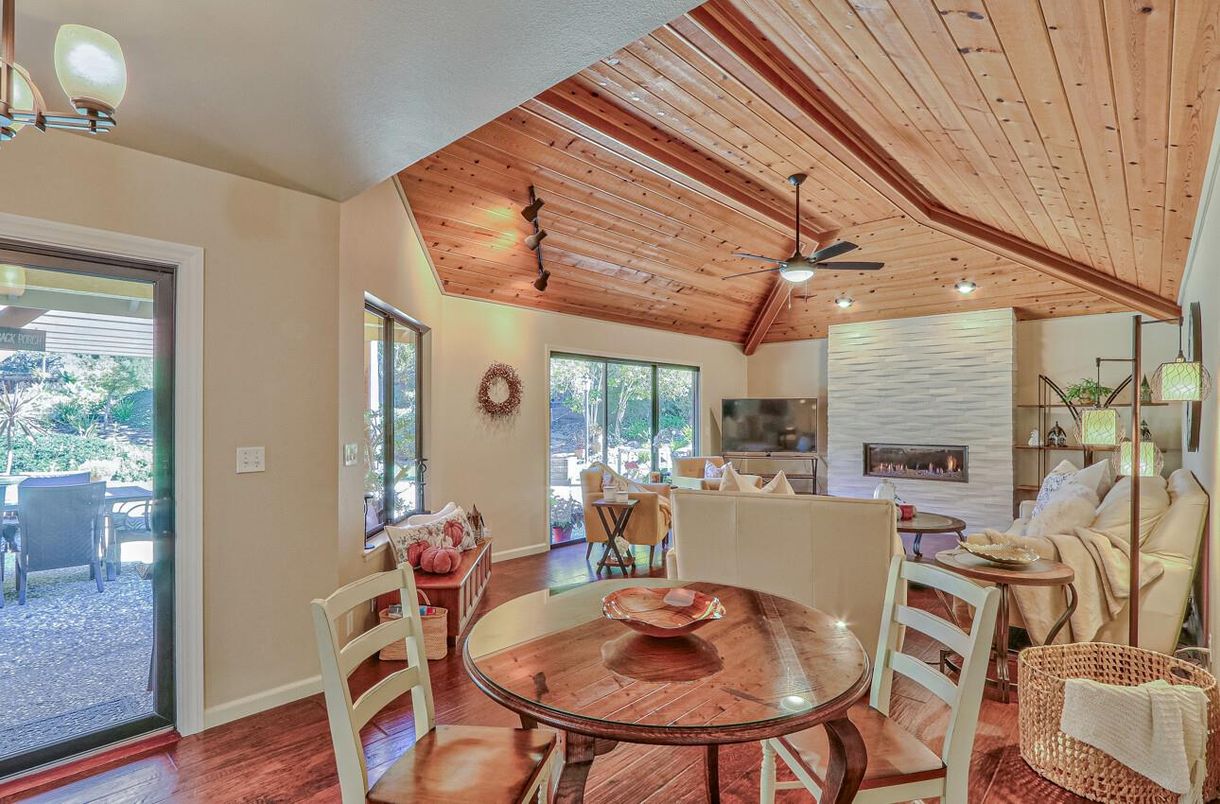 Dining room, Fireplace, Interior, Living room, Recessed Lighting, Wooden Ceilings, Wood Texture Flooring