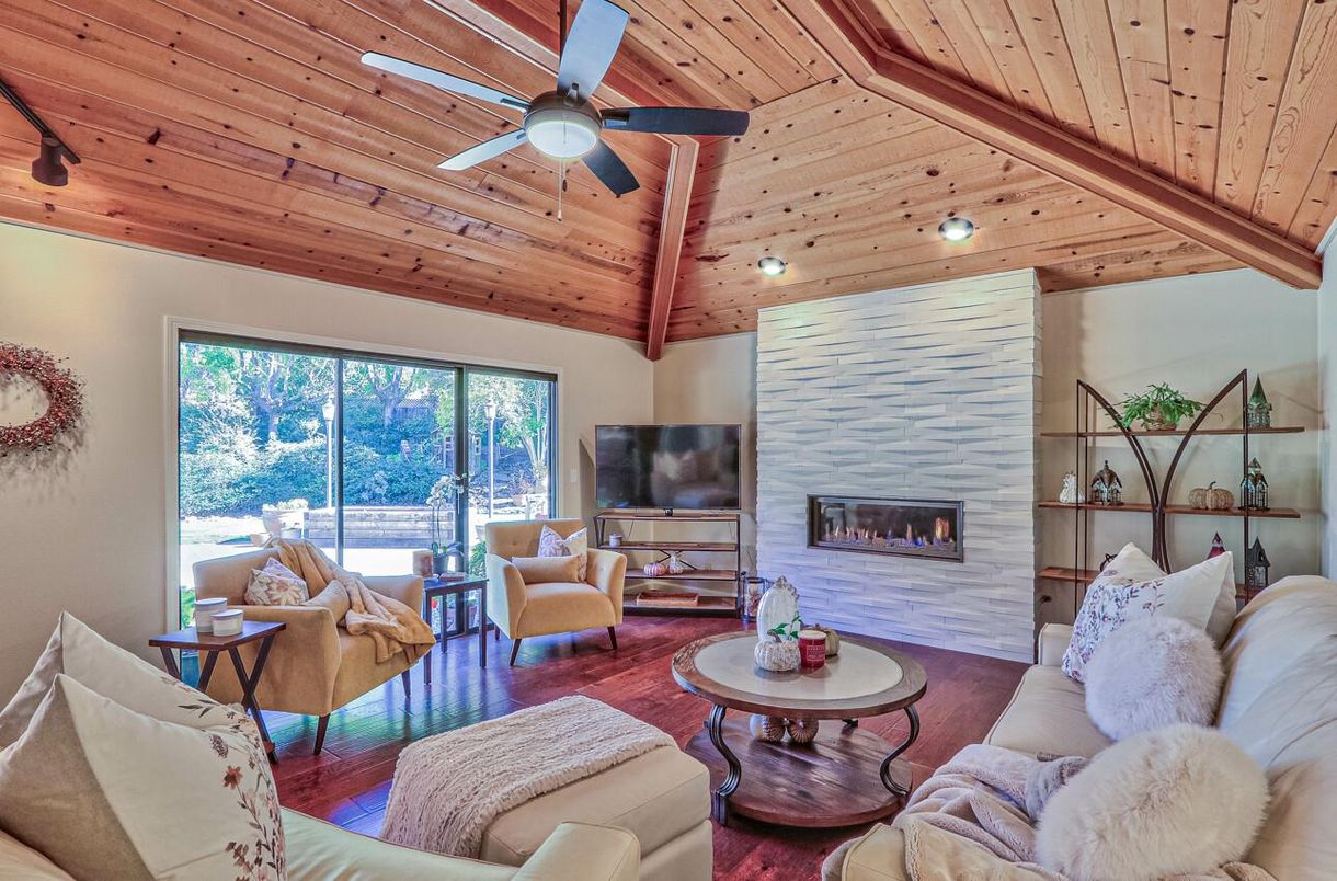 Fireplace, Interior, Living room, Recessed Lighting, Wooden Beams, Wooden Ceilings, Wood Texture Flooring