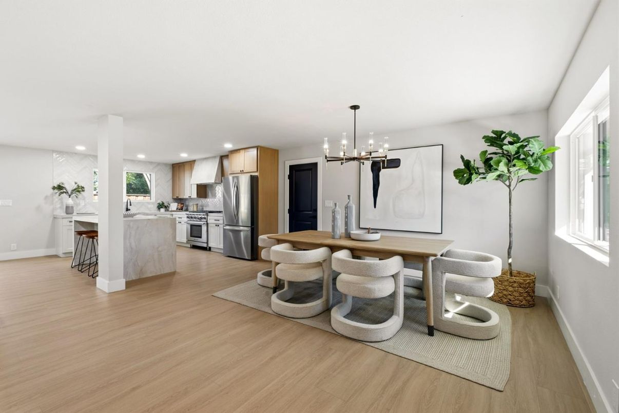 Dining room, Interior, Kitchen, Pendant Lights, Recessed Lighting, Stainless Steel Appliances, Wood Texture Flooring