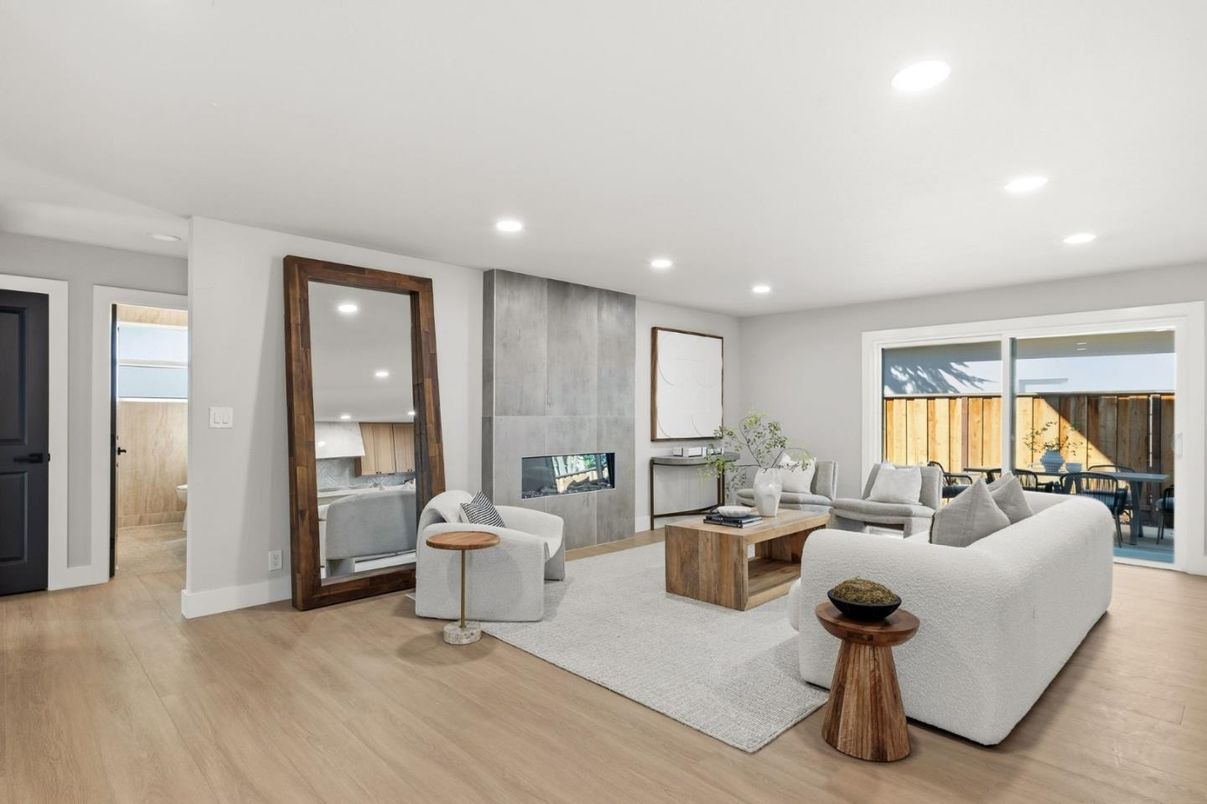 Fireplace, Interior, Living room, Recessed Lighting, Wood Texture Flooring