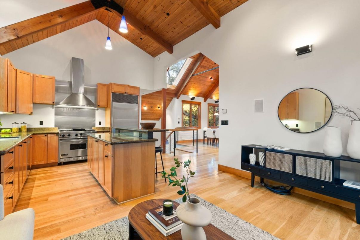 Interior, Kitchen, Pendant Lights, Stainless Steel Appliances, Wooden Beams, Wooden Ceilings, Wood Texture Flooring