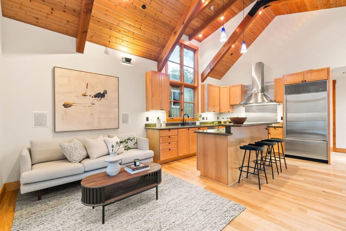 Interior, Kitchen, Living room, Pendant Lights, Stainless Steel Appliances, Wooden Beams, Wooden Ceilings, Wood Texture Flooring