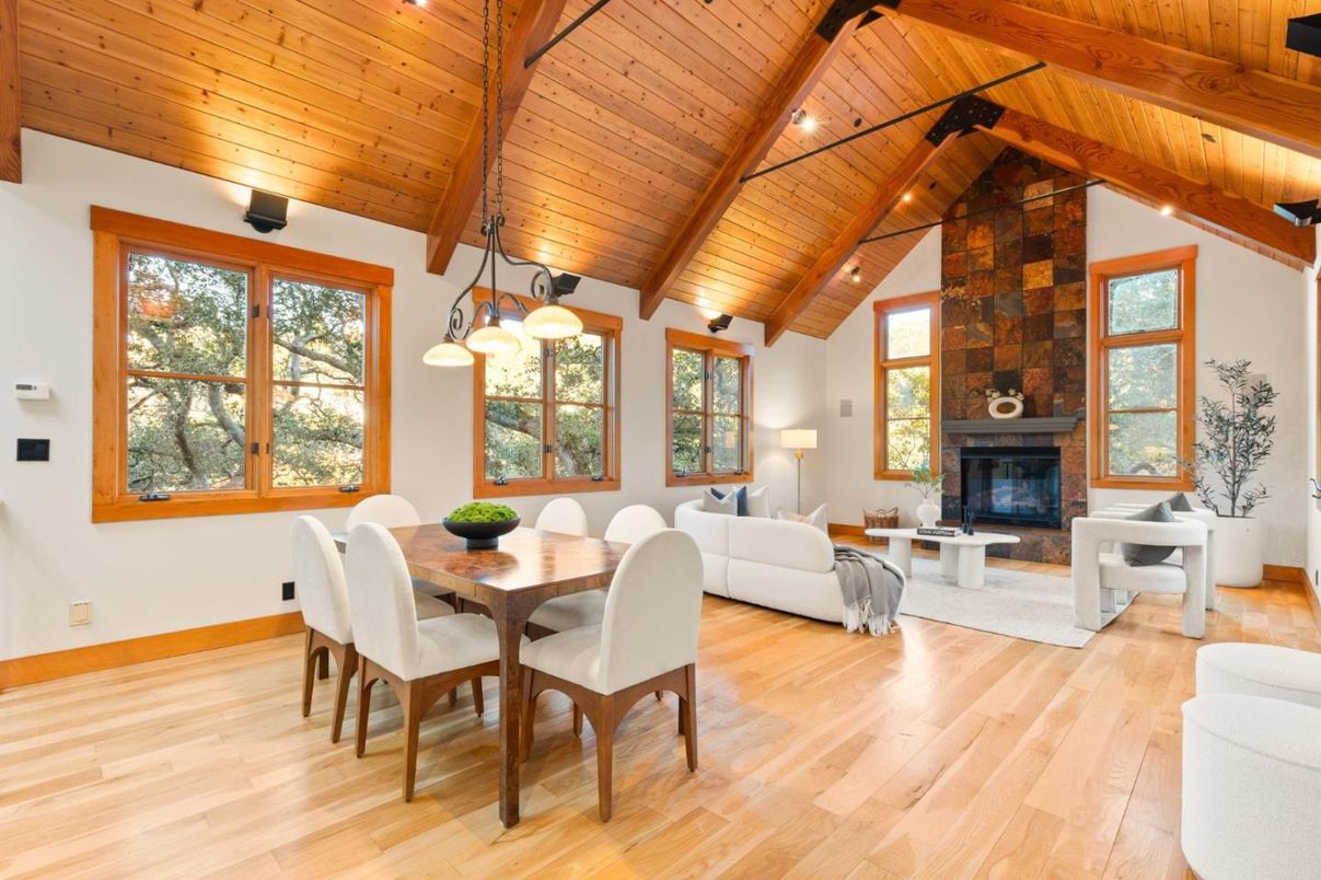 Dining room, Fireplace, Interior, Living room, Pendant Lights, Stone Walls, Wooden Beams, Wooden Ceilings, Wood Texture Flooring