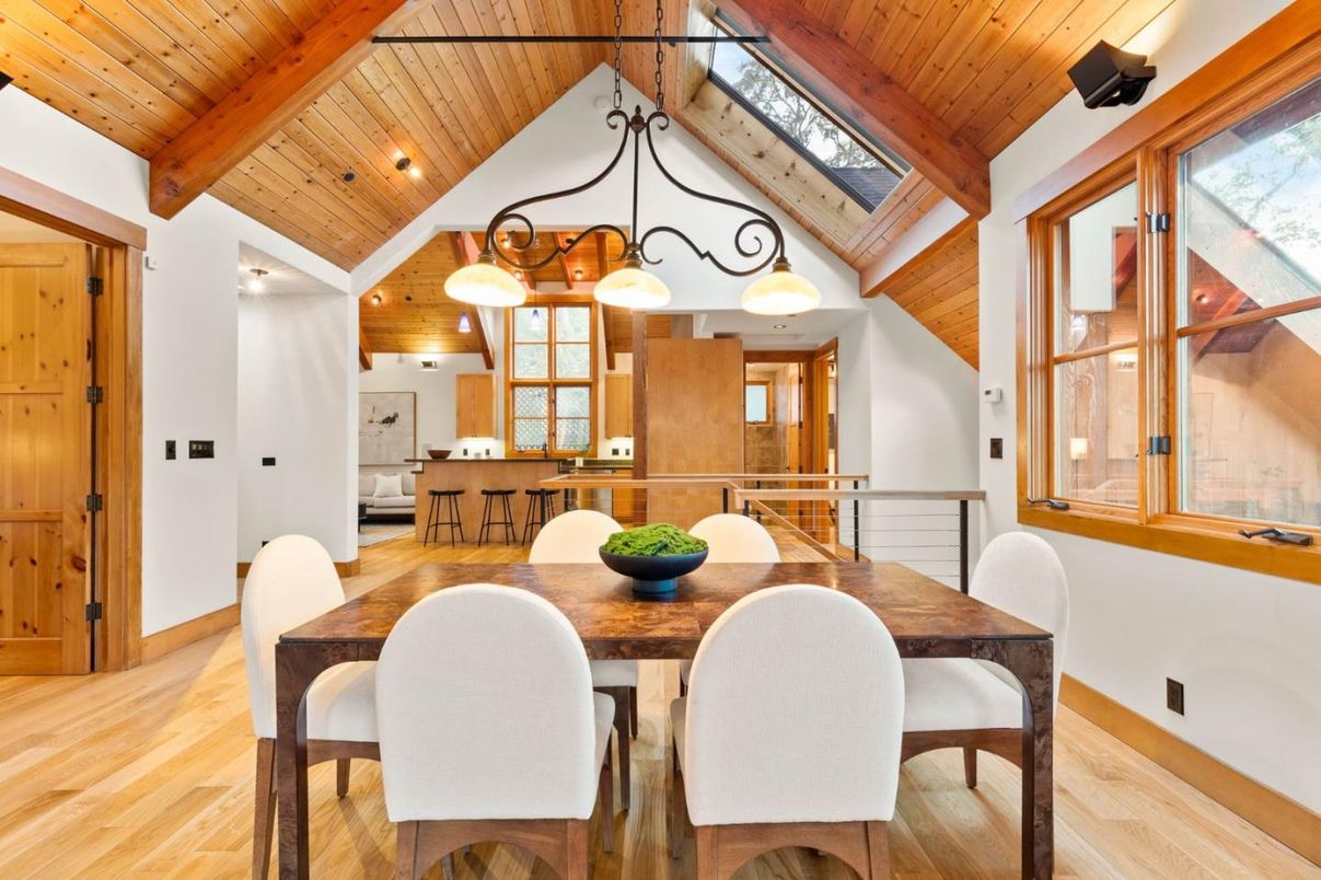 Dining room, Interior, Pendant Lights, Wooden Beams, Wooden Ceilings, Wood Texture Flooring